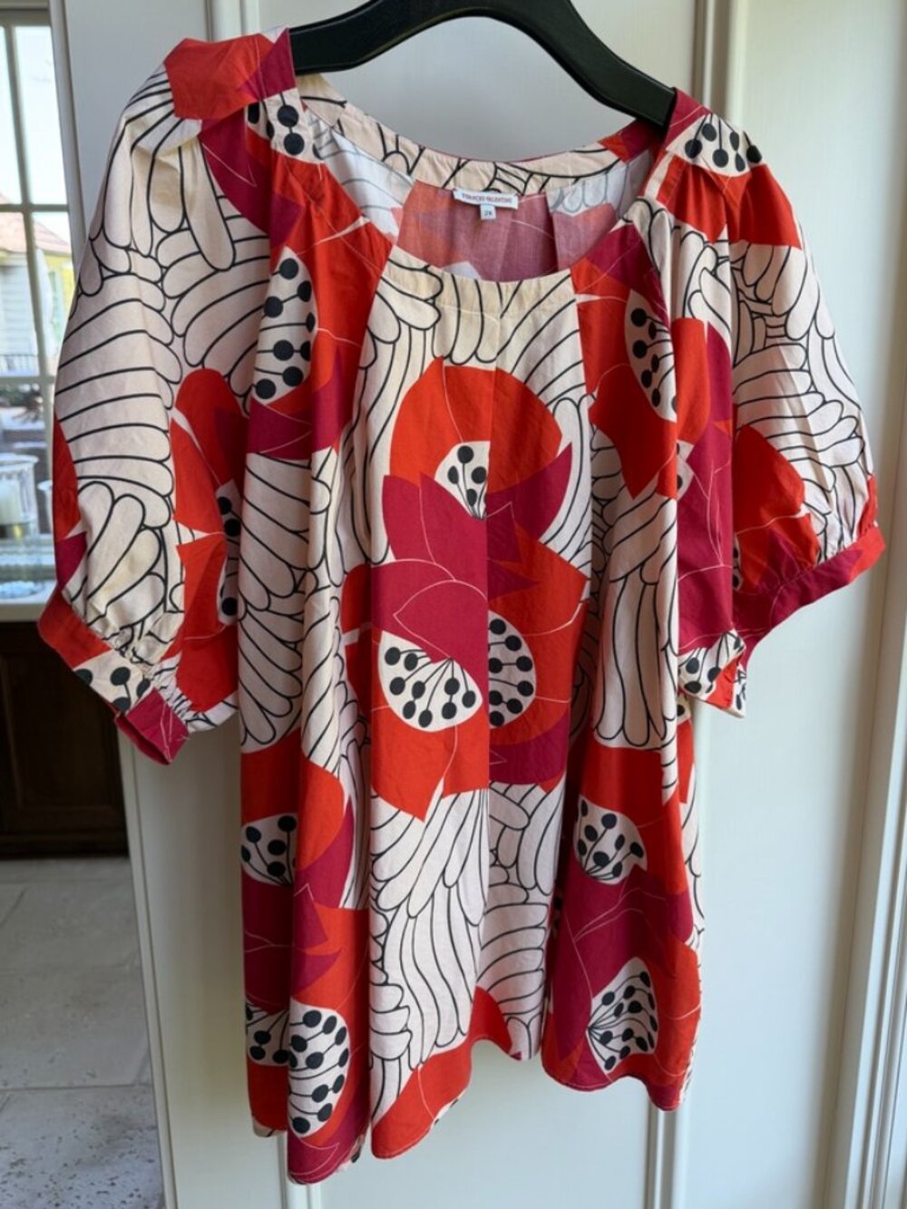 Frances Valentine- Puffy Sleeve, Poppy Print,  A-line Top with Pockets